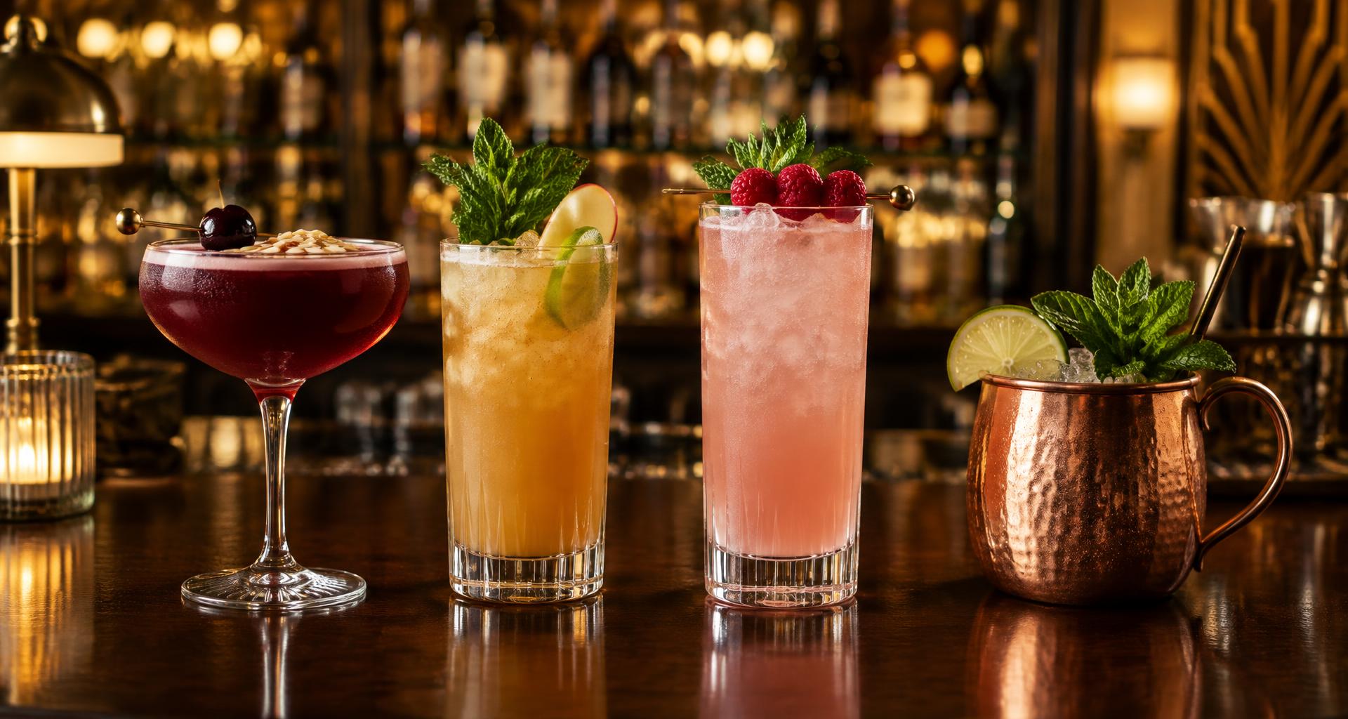 The four Community Cocktails lined up on the bar at The Birdcage